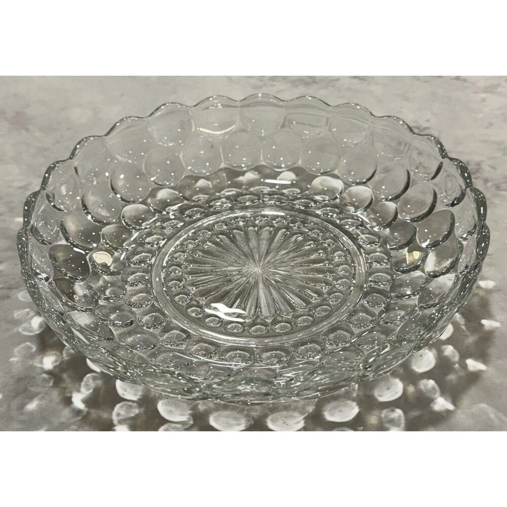 Vintage Anchor Hocking Clear Glass Bubble Scalloped Low Bowl Serving Bowl 8